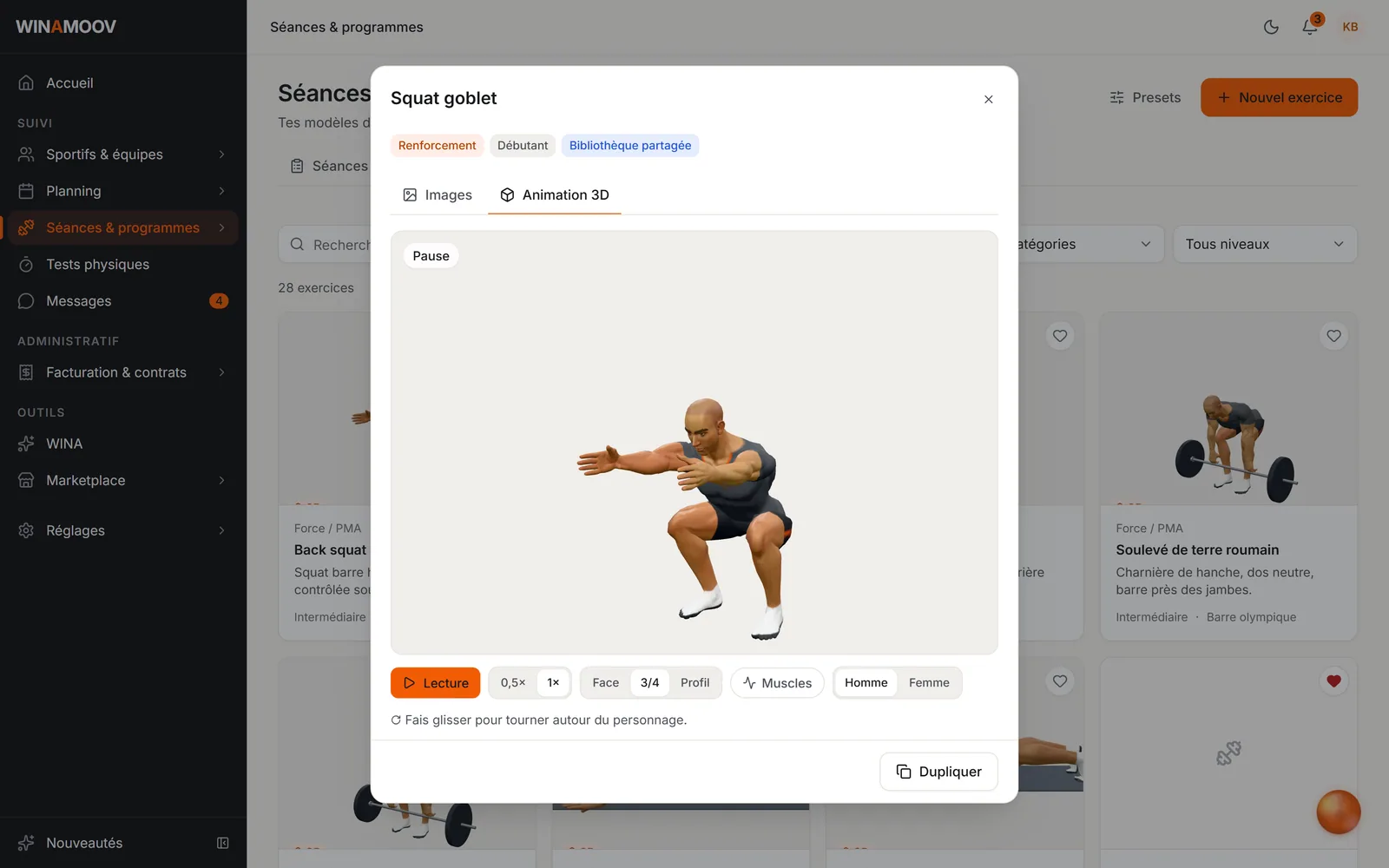 Fiche d’un exercice avec son animation en 3D