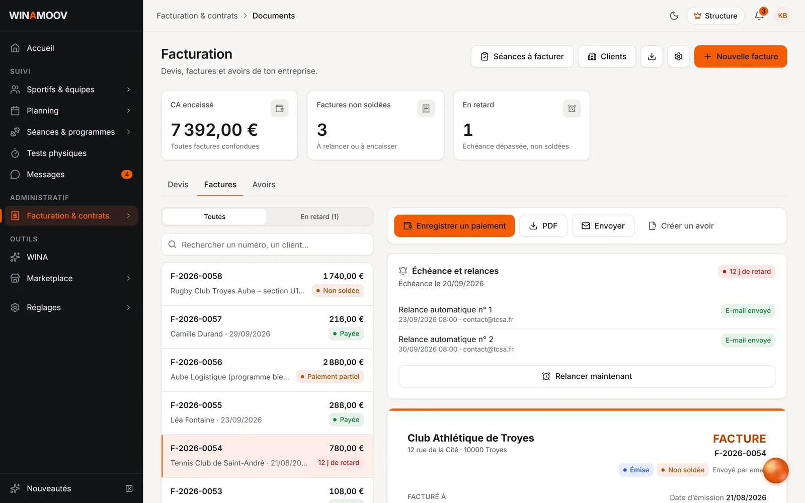 Facturation : devis, factures, paiements et relances