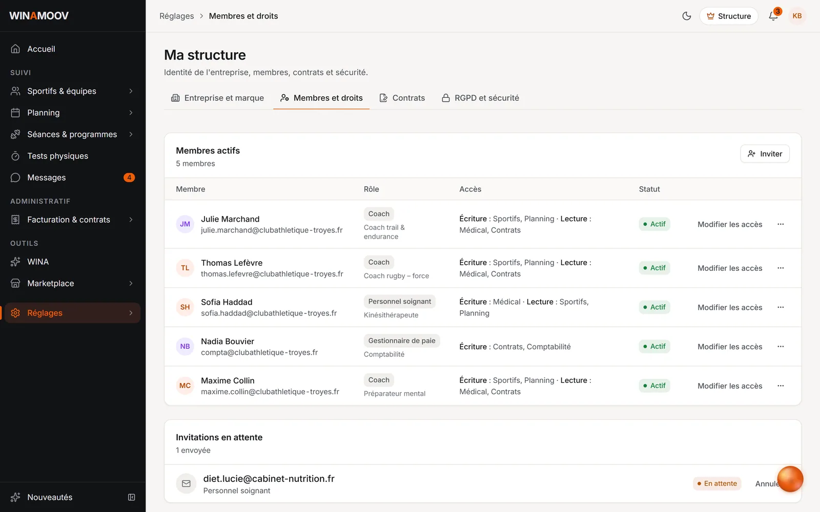 Gestion de la structure : coachs, membres et marque