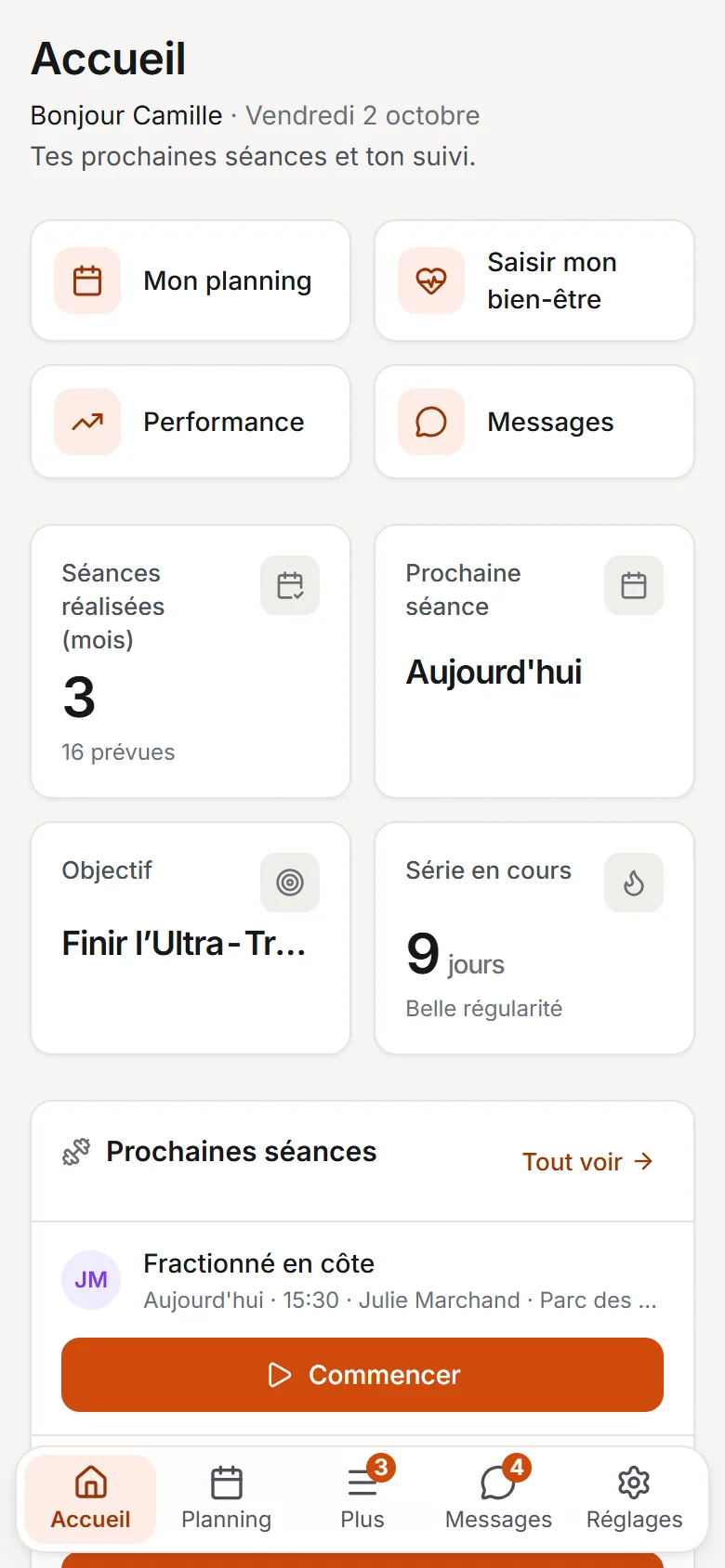 Accueil d’un sportif sur téléphone