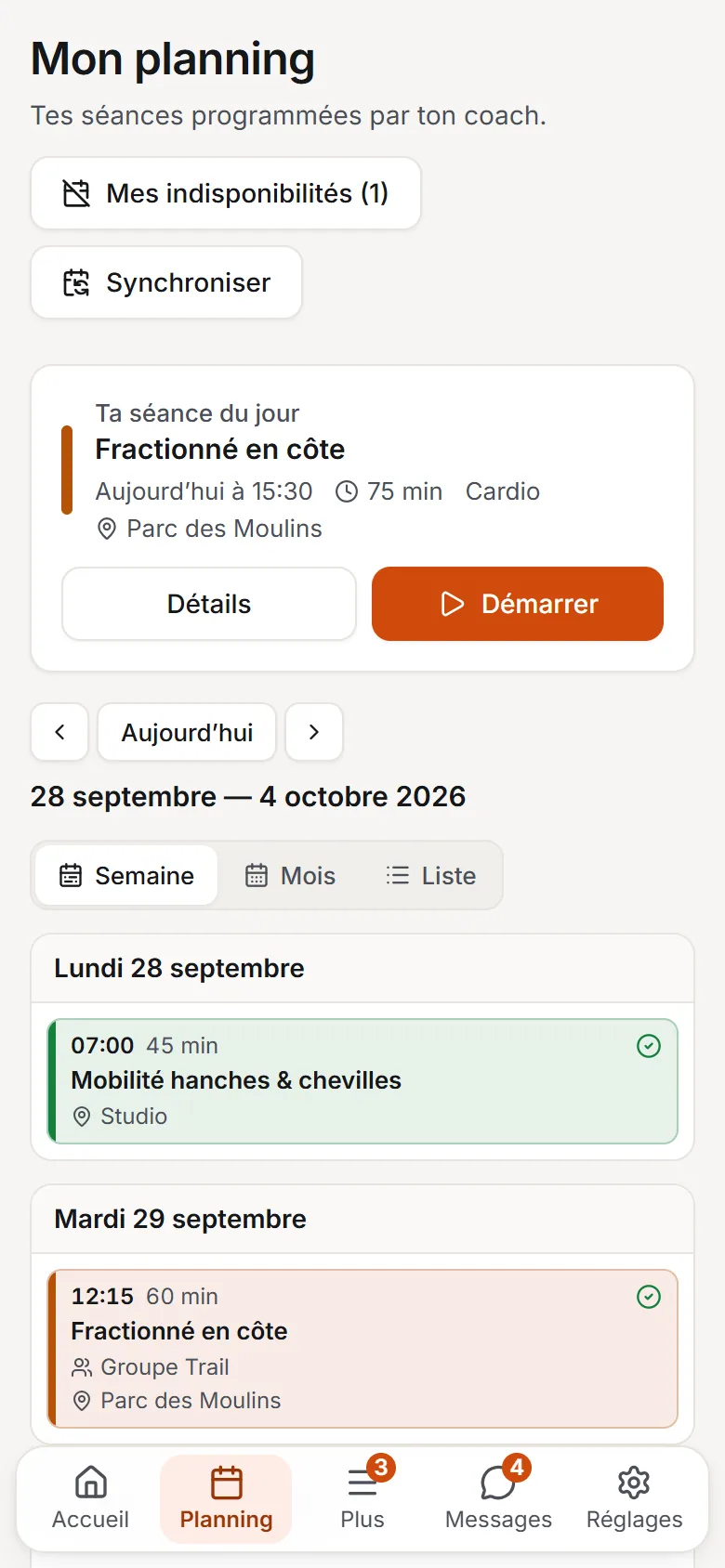 Planning du sportif sur téléphone