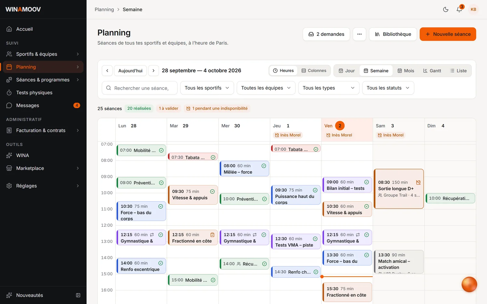 Planning de la semaine dans WINAMOOV, en grille horaire