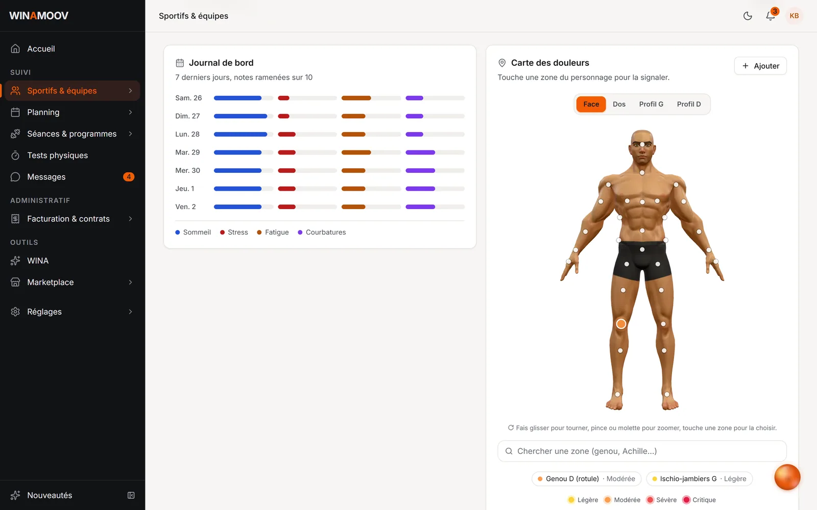 Santé d’un sportif : bien-être et carte des douleurs en 3D