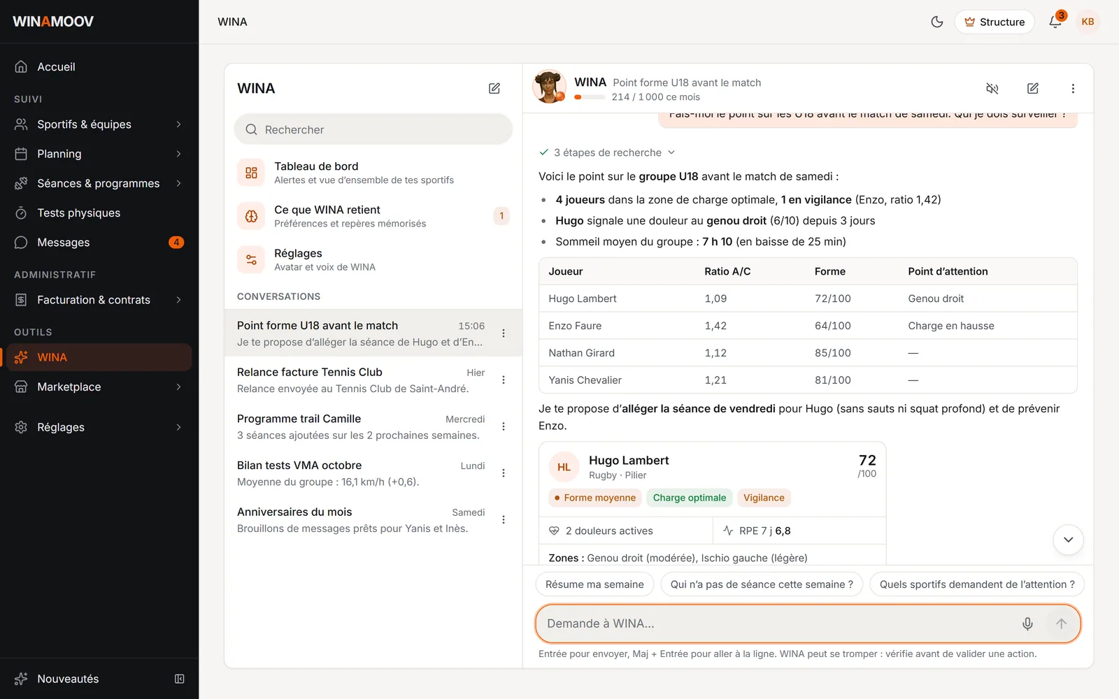 Assistant WINA : conversation et propositions à valider